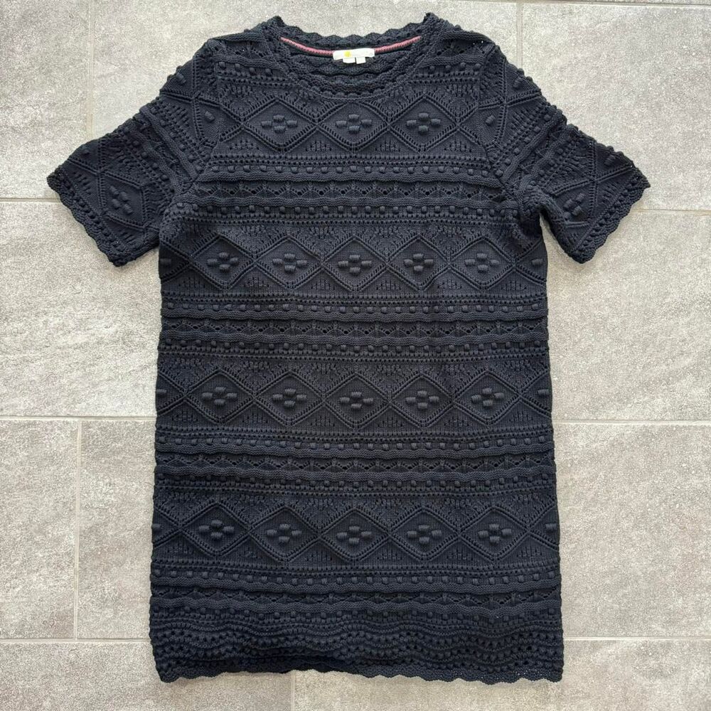 Boden Claudia Black Crochet Knit Dress 14 Geometric Boho Shift Sweater Coquette